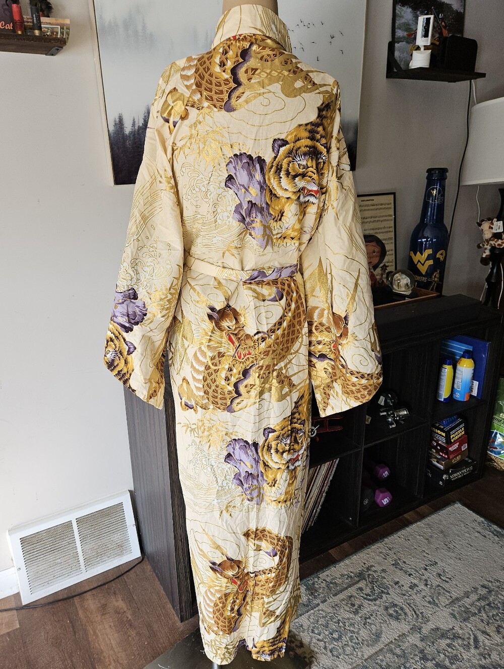 Japanese Yukata Kimono Robe Dragon Tiger Gold Accents Traditional Oriental OS